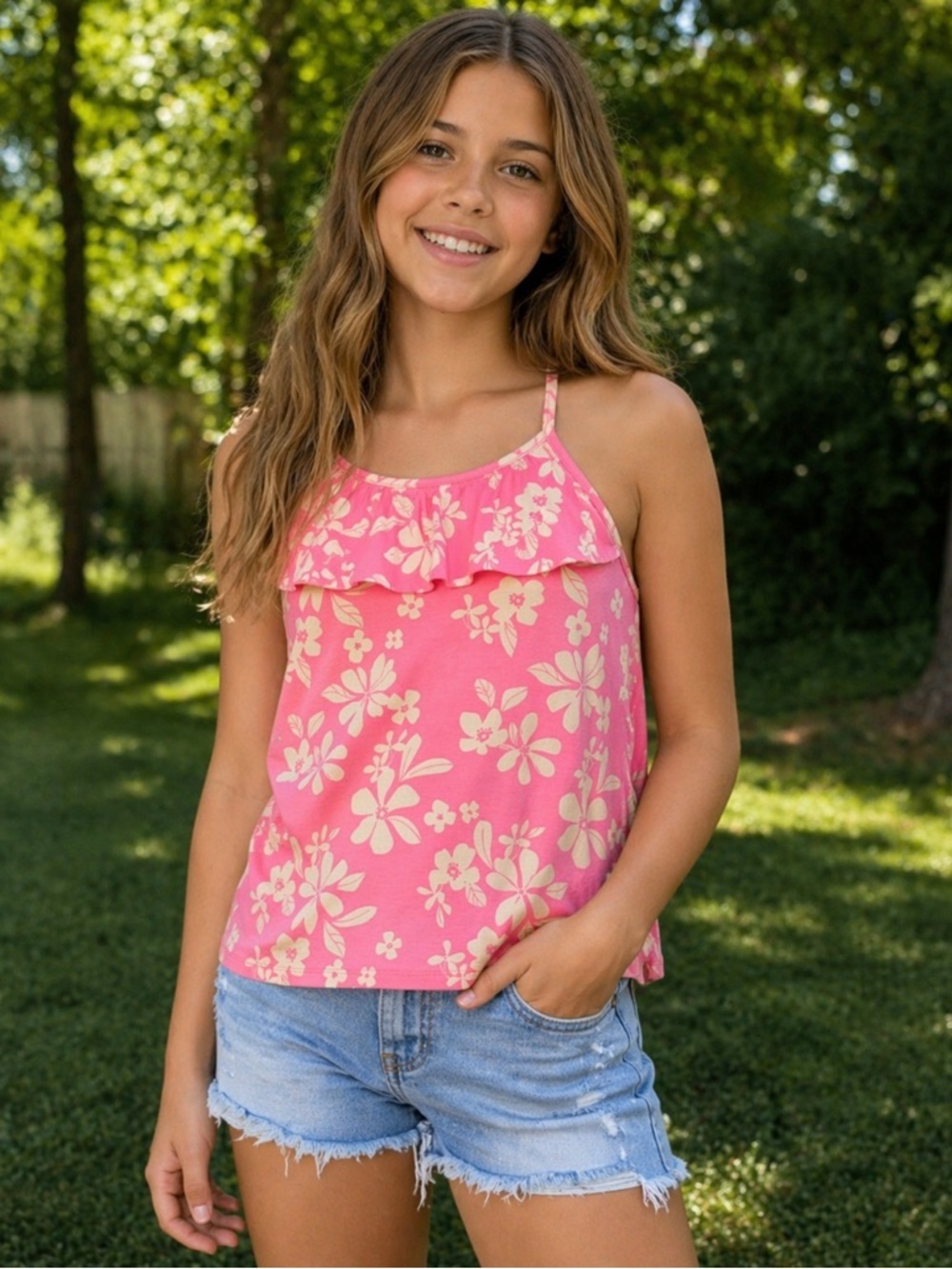Rumi Ryder ruffle floral tank top pink kids girl